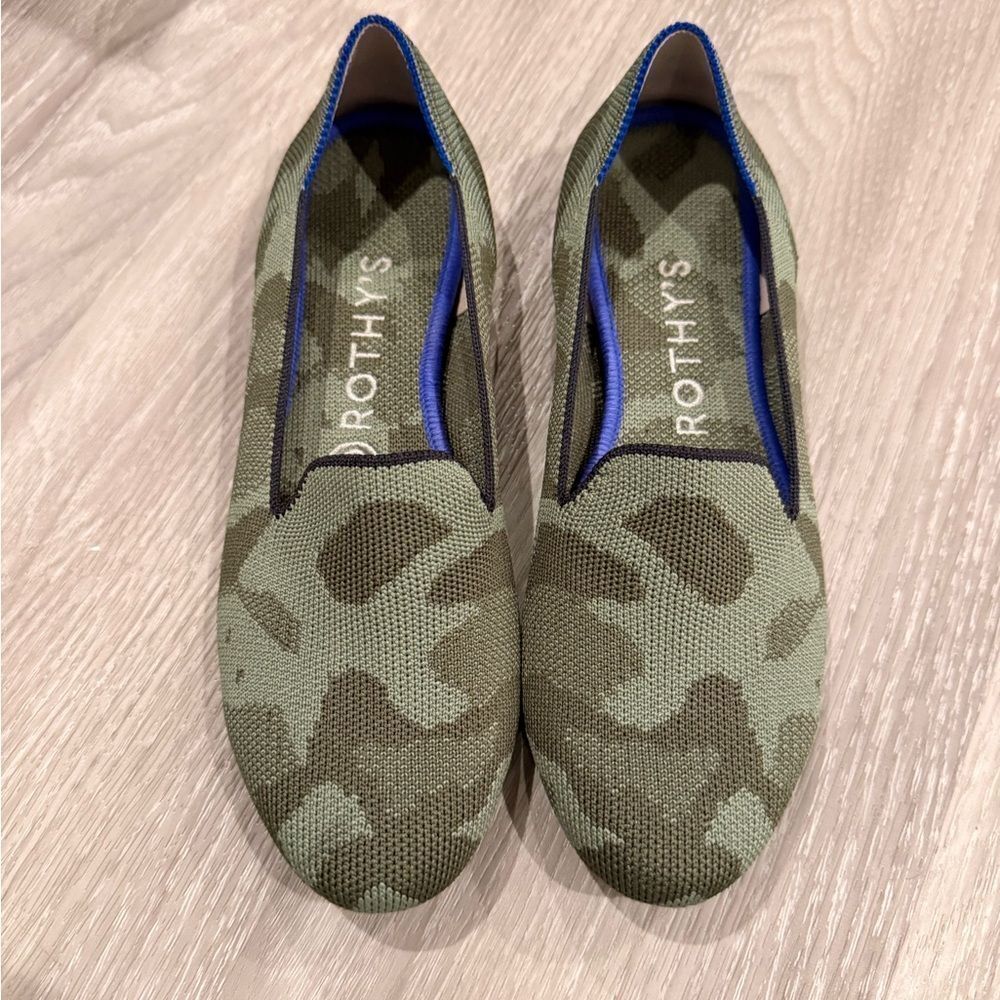 Rothy's Green Camouflage Flats with Blue Trim
